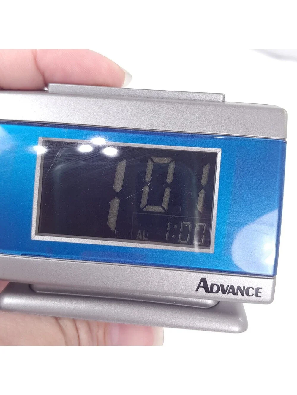 Advance travel alarm clock Model 3103 digital silver blue mini battery electric
